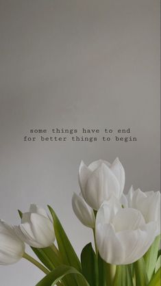 some white tulips are in a vase with the words, some things have to end for better things to begin