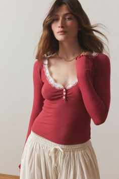 Fall Tops, Red Fits, Henley Top, Lace Tops, Women Lingerie, Women's Intimates, Lace Trim, Urban Outfitters, Layering