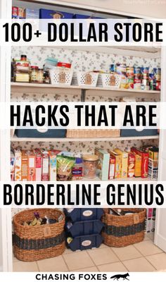 two shelves with baskets and other items on them in a room that has the words, 100 dollar store hacks that are borderline genius