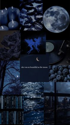 the collage is full of different pictures and words, including one that says she was beautiful in the moon