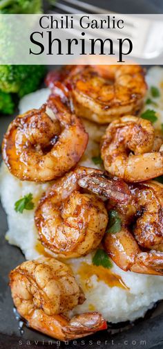 grilled shrimp and grits on a plate with broccoli in the background