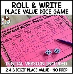 the roll and write place value dice game is shown with two dices on it