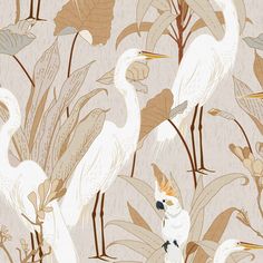 two white birds standing next to each other in front of plants and leaves on a beige background