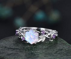 Twig Opal Ring Vintage Hexagon Cut White Opal Engagement Ring - Etsy White Opal Engagement Ring, Opal Ring Vintage, October Birthstone Ring, Pretty Engagement Rings, October Birthstone Rings, Opal Engagement Ring, Cute Engagement Rings, Future Engagement Rings, Agate Engagement Ring