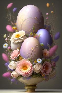 an artistic painting of eggs and flowers in a vase