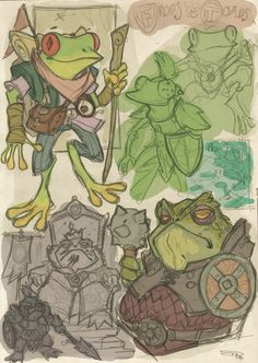 a drawing of a frog holding a stick in front of some plants and other items