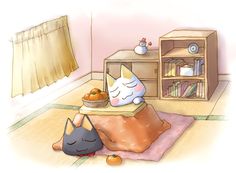 two cats are sitting on the floor in front of a bookcase and a window