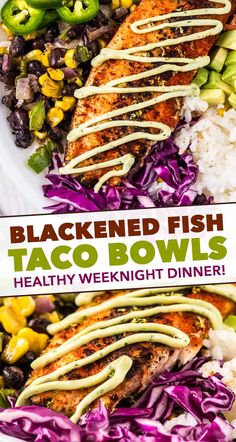 this blackened fish taco bowl is loaded with black beans, rice and green peppers