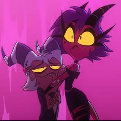 an animated character with yellow eyes and purple hair holding onto another character's arm