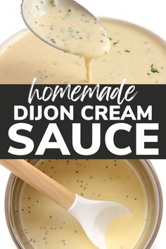 homemade dijon cream sauce in a jar with a spoon full of it and text overlay that reads homemade dijon cream sauce