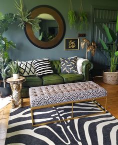 a living room with green couches, zebra rug and potted plants on the wall