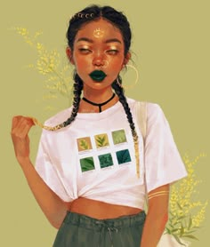 a painting of a girl with green lipstick and t - shirt on her face, holding a white bag