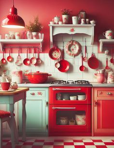 a red stove top oven sitting inside of a kitchen next to a white and red checkered floor