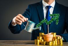 a man pouring money into a pot with a tree growing out of it stock photo