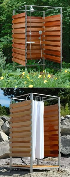 an outdoor shower made out of wood and metal