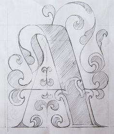 a drawing of the letter a with swirls and scrolls on it's sides