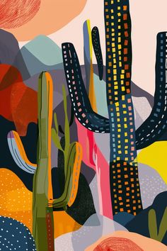 an abstract painting of cactuses and other plants