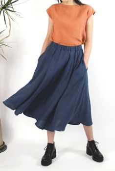 Handmade A-line circle linen skirt with pockets and elastic waistband. Made with love for You. *100% local medium weight linen *Washed linen *Elastic waist *Each item is individually cut and sewn by order *The model is wearing size S, skirt color - navy blue *Note that colors may look different on your display depending on their settings and technical characteristics. Please let us know if you need different measurements or colors. CARE *Machine wash up to 40 / 104F gentle cycle *Iron inside out Navy Cotton Summer Skirt, Casual Navy Skirt For Summer, Summer A-line Bottoms With Elastic Waistband, Casual Flowy Knee-length Bottoms, Casual Flowy A-line Skirt, Flowy A-line Casual Skirt, Summer Flowy A-line Bottoms, Casual Relaxed Fit Maxi Skirt, Casual Relaxed Fit Full Maxi Skirt