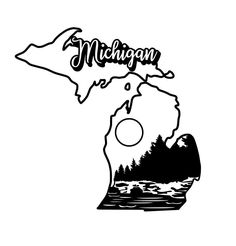 the state of michigan with trees and mountains in black on a white background, is shown