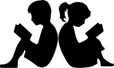 two children sitting on the ground reading books silhouetted against a white background with text