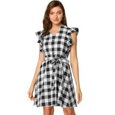 The plaid shirt dress is a must-have piece for summer! Create a retro silhouette with this vintage check shirt dress. This ruffled sleeve dress will see you through warmer days in effortless style. With an on-trend check print, this classic button-decor style boasts a shirt dress shape and nips in the waist with a tie waist for showing your waistline. Check Shirt Dress, Ruffled Sleeve Dress, Sundress Black, Checked Shirt Dress, Vintage Gingham, Plaid Dress Shirt, Check Dress, Dress Shapes, Gingham Dress