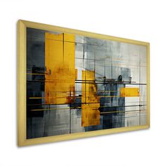 an abstract painting with yellow and grey squares on the bottom, in a wooden frame