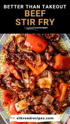 beef stir fry on a plate with text overlay