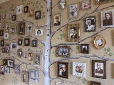 a family tree with pictures on it and framed photos attached to the wall behind it