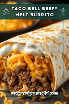 Recreate the cheesy, crunchy goodness of Taco Bell's Beefy Melt Burrito at home with this easy-to-follow recipe. Packed with seasoned beef, Mexican rice, and crispy chips, it’s perfect for a satisfying meal. Taco Bell Beefy Melt Burrito, Crunchy Burritos, Beefy Cheesy Burritos, Taco Bell Beef Burrito Recipe, Beef And Rice Burrito Recipe, Beefy 5 Layer Burrito Recipe, Beef Rice Burrito, Burrito Recipe Beef, Beef Burrito Recipes