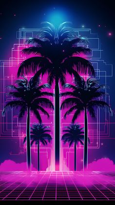 two palm trees in front of a purple background with neon lines and squares on it