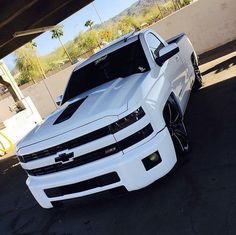 a white truck is parked under a bridge