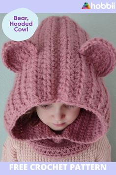 Get started on this DIY project on Bear - Hooded Cowl Crochet
 Pattern. SIZE 1-4 years (4-10 years) 10+ years MEASUREMENTS Width: 20 (25) 30 cm / 8 (10) 12 inch Length: 34 (38.5) 43 cm / 13 (15) 17 inch PATTERN INFORMATION This beginner friendly pattern is worked in rounds of hdc, followed by rows of hdc. The top is slip stitched together and the ears are sewn on afterwards. The pattern contains written instructions per round/row and total stitch counts for each round/row.The pattern for Bear - Hooded Cowl can be downloaded for free Hooded Cowl Crochet Pattern, Hooded Cowl Pattern, Crochet Hooded Cowl, Crochet Hood, Hooded Cowl, Crochet Hoodie, Knitting Stitches Tutorial, Hoodie Pattern, Bear Hoodie