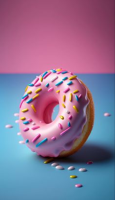 a donut with pink frosting and sprinkles on a blue surface