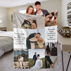 a man and woman are holding up a blanket with pictures on it that says, i love you