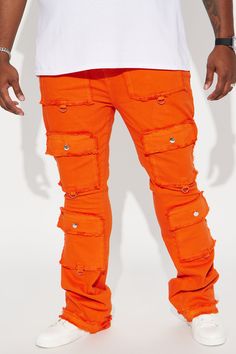 Available In Orange. Model Height: 6'4 - Waist Size: 34 - Wearing Large Big & Tall: Height 6'5 - Waist Size: 42 - Wearing XXXL Stretch Fabric Stacked Skinny Flare Zip Fly Button Closure Square Pockets With Shank Button Fray Detail Open Hem 97% Cotton 3% Spandex Imported | Mens Fit Check Stacked Skinny Flared Pants in Orange size 30 by Fashion Nova