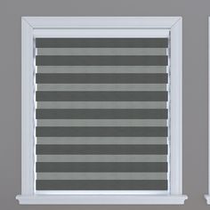 a window with grey and white striped blinds