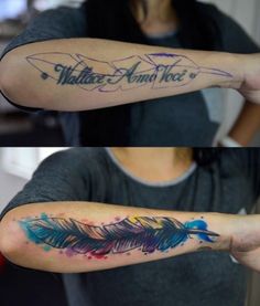 two pictures of the same person with tattoos on their arms, one has an arrow and the other has feathers