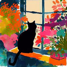 a painting of a cat sitting on a window sill looking out the window at flowers