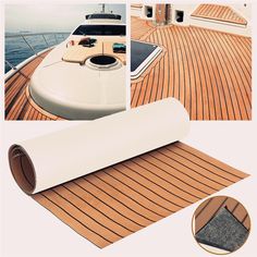 there is a roll of wood flooring on top of a boat and next to it are pictures of the deck