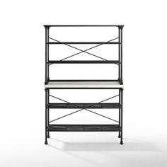 three tiered shelving unit in black metal with white top and bottom shelves on each shelf