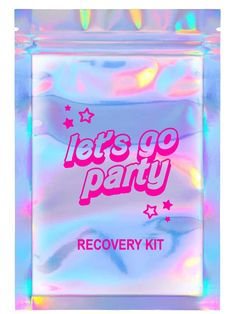 an ice bag with the words let's go party recovery kit in pink and blue