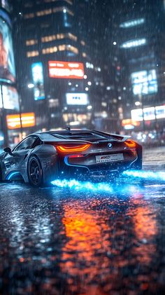 BMW car gritty, realistic imahe of a sports car driving through a wet city. the city is pale and the car has straight blue flames coming out the exhausts. most of the coloures in the image are slightly dull and muted, but the flames are bright