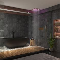 a bathroom with a large bathtub next to a sink