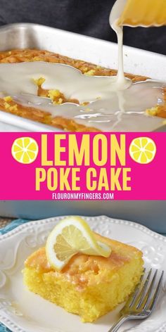 lemon poke cake on a white plate with a fork and pink banner in the background