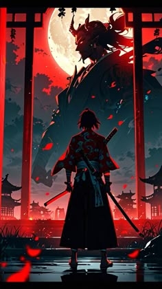 an anime character standing in front of a full moon with two samurais on it