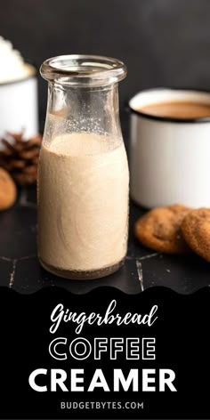 gingerbread coffee creamer in a glass jar next to cookies