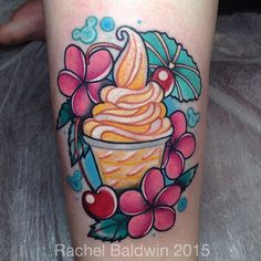 an ice cream sundae tattoo on the leg