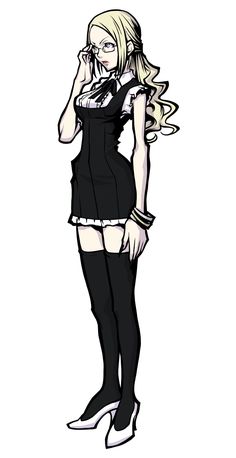 a drawing of a woman in black and white clothes talking on a cell phone with her hands behind her head