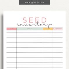 seed inventory sheet with the words seed inventory written in pink, yellow and green on it