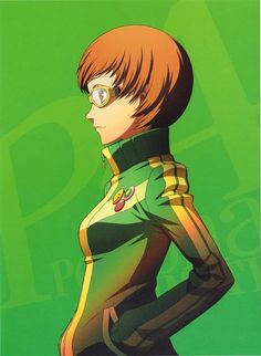 an anime character with red hair and glasses on her head, standing in front of a green background